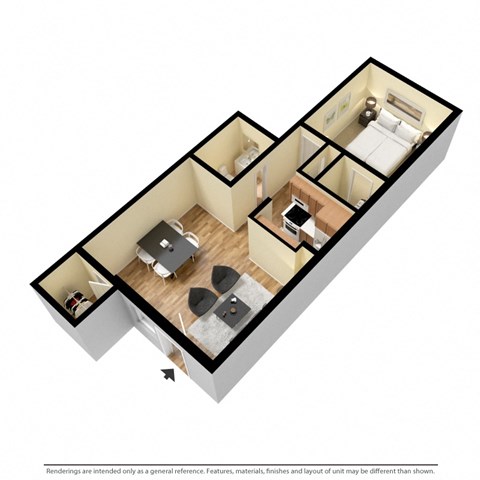 Floor plan for 1 bed, 1 bath, 616 sqft